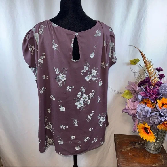 Papermoon Mauve Floral Blouse Puff Sleeve Keyhole Back Plus Size 2X - Picture 3 of 7